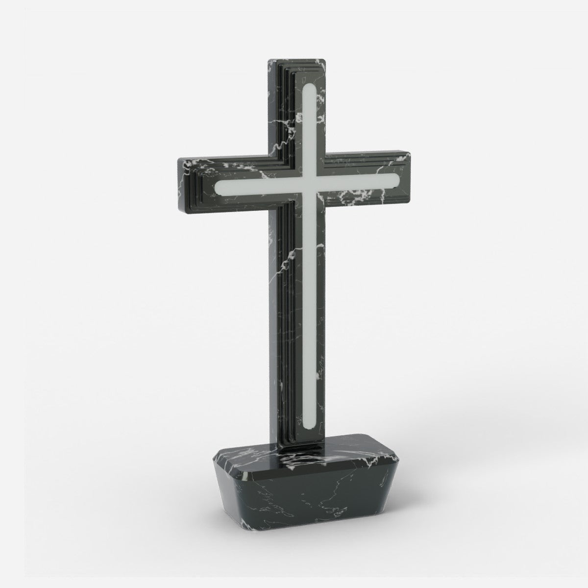 Infinity Cross + in pearl black marble with a white glow centre
