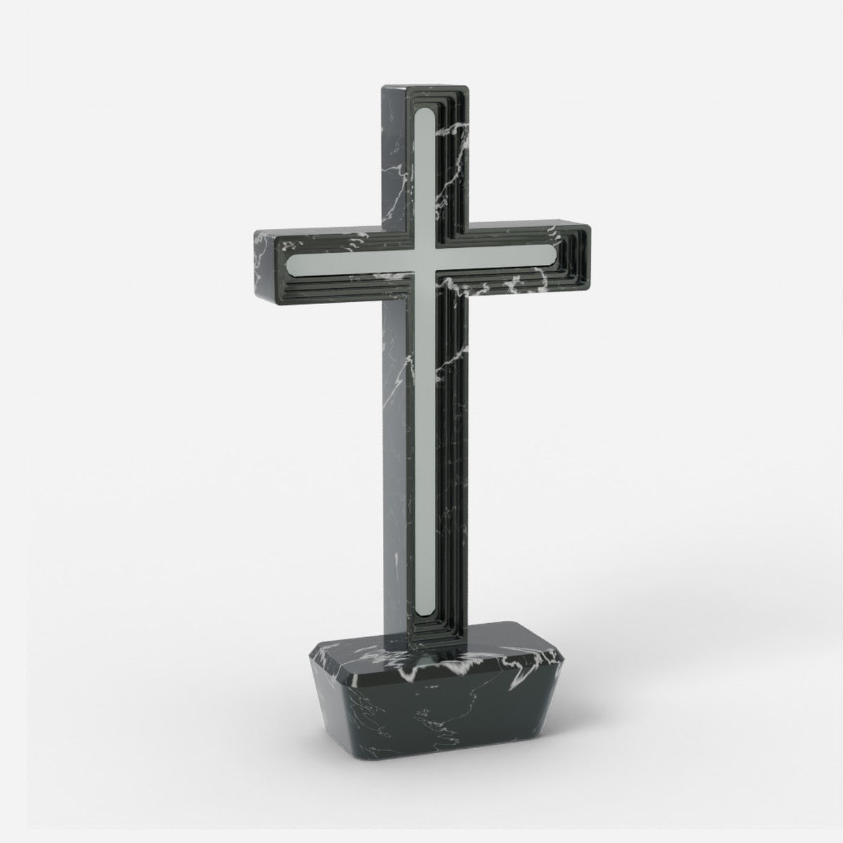 Infinity Cross − in pearl black marble with a white glow centre