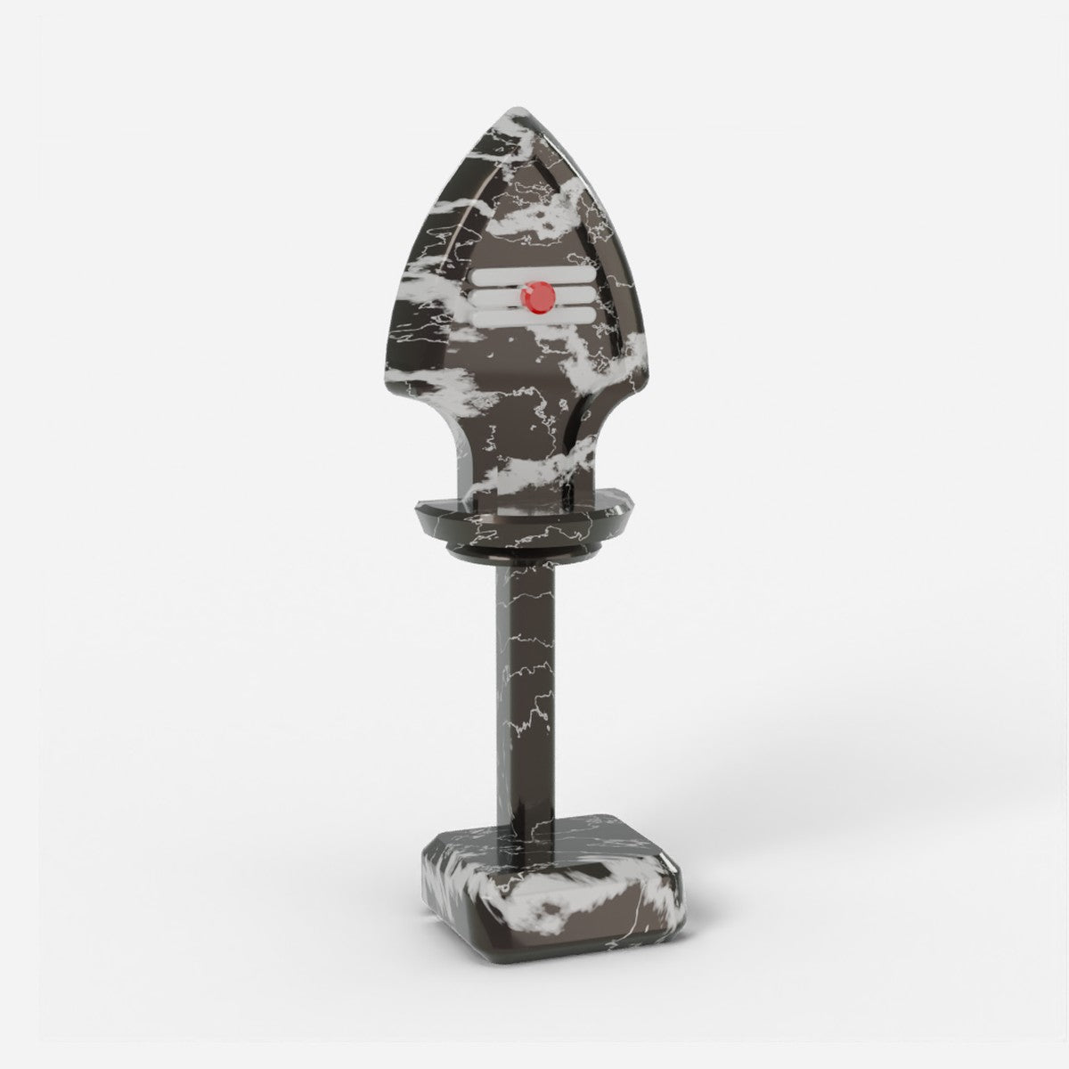 Vel in pearl black and white marble, red dot and white bars