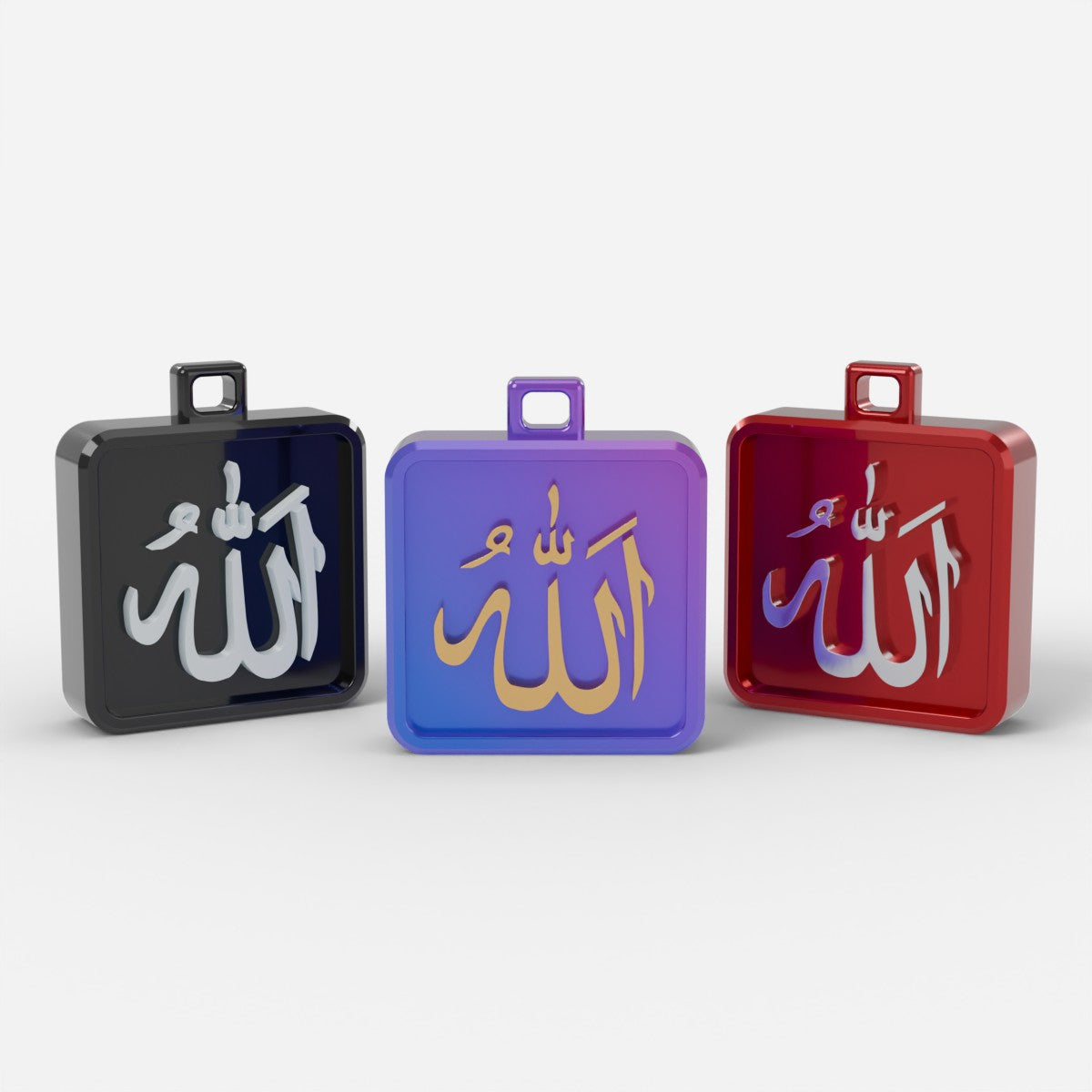 Allah Customizer: three colourways side by side, black with glow white, colour-shift blue-purple with gold, metallic red with silver