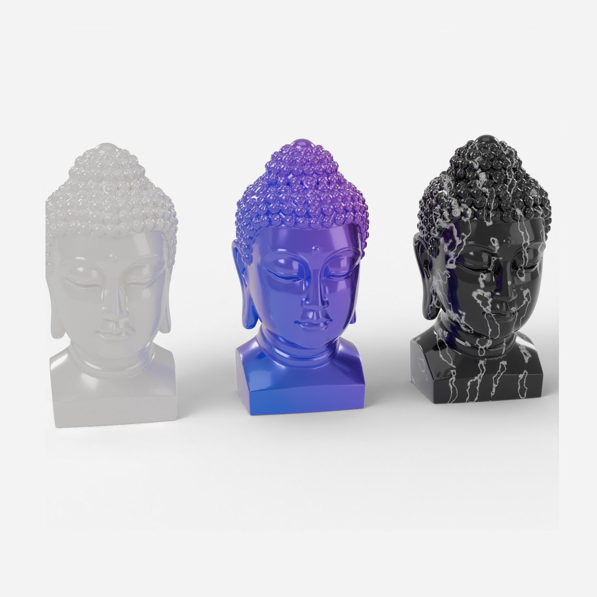 Buddha Bust in all three colours: pearl white, colour-shift blue-purple and black marble