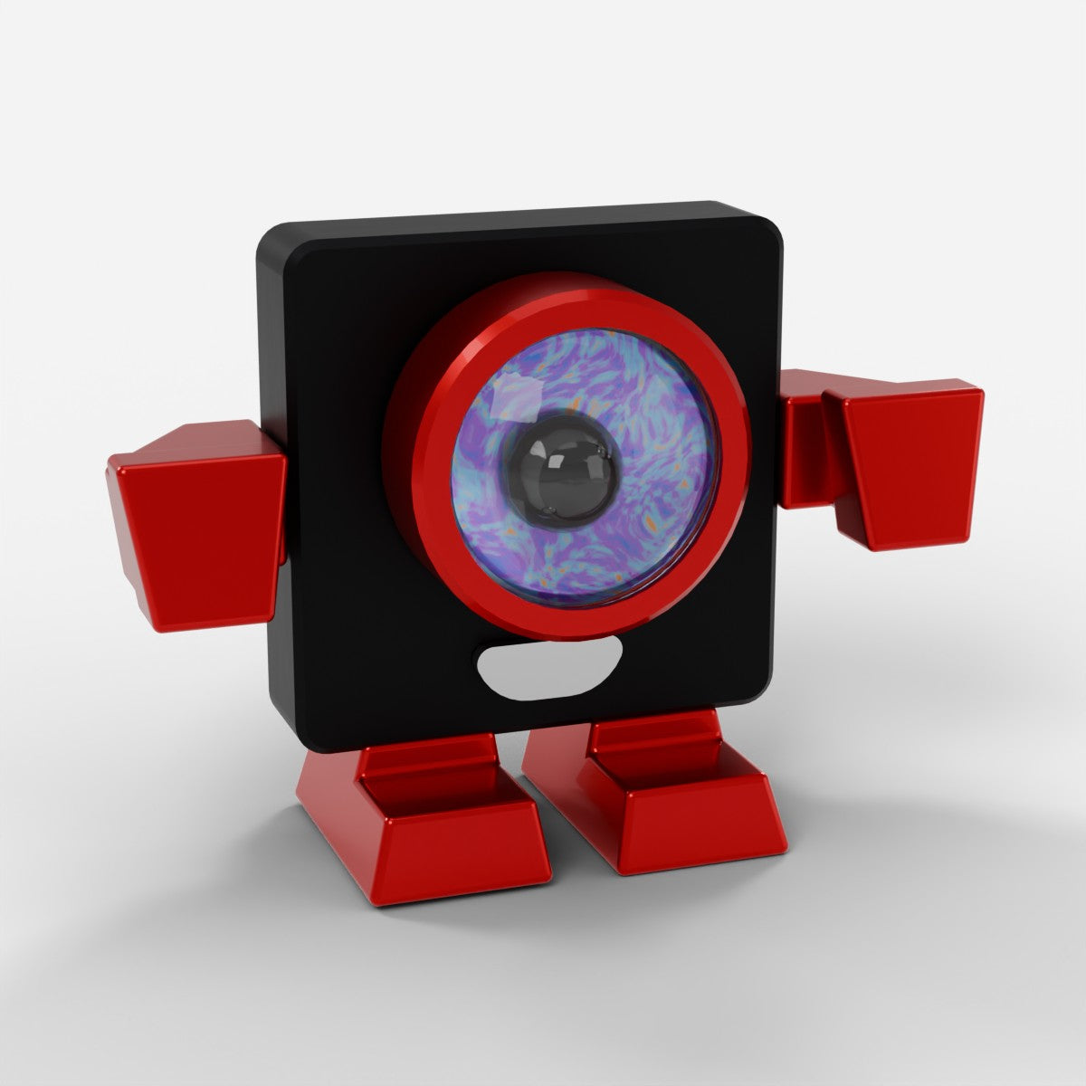 Iconizer: an Icon Collectible with a black body, red arms, legs and eye ring, and a colourful Xiris eye