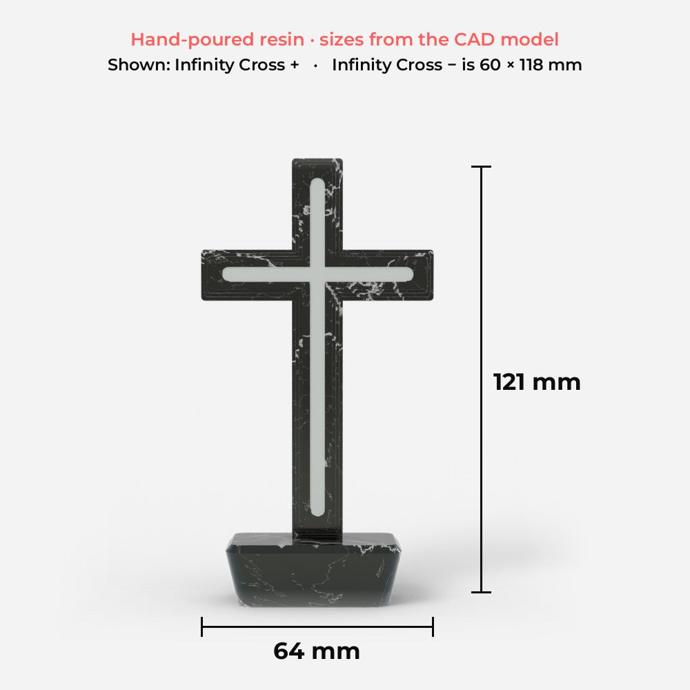 Infinity Cross + dimensions: 64 mm wide, 121 mm tall