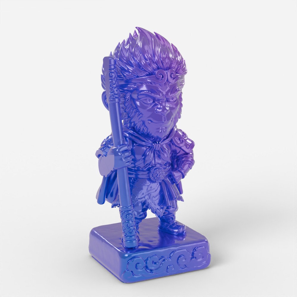 Wukong figure in colour-shift blue-purple resin