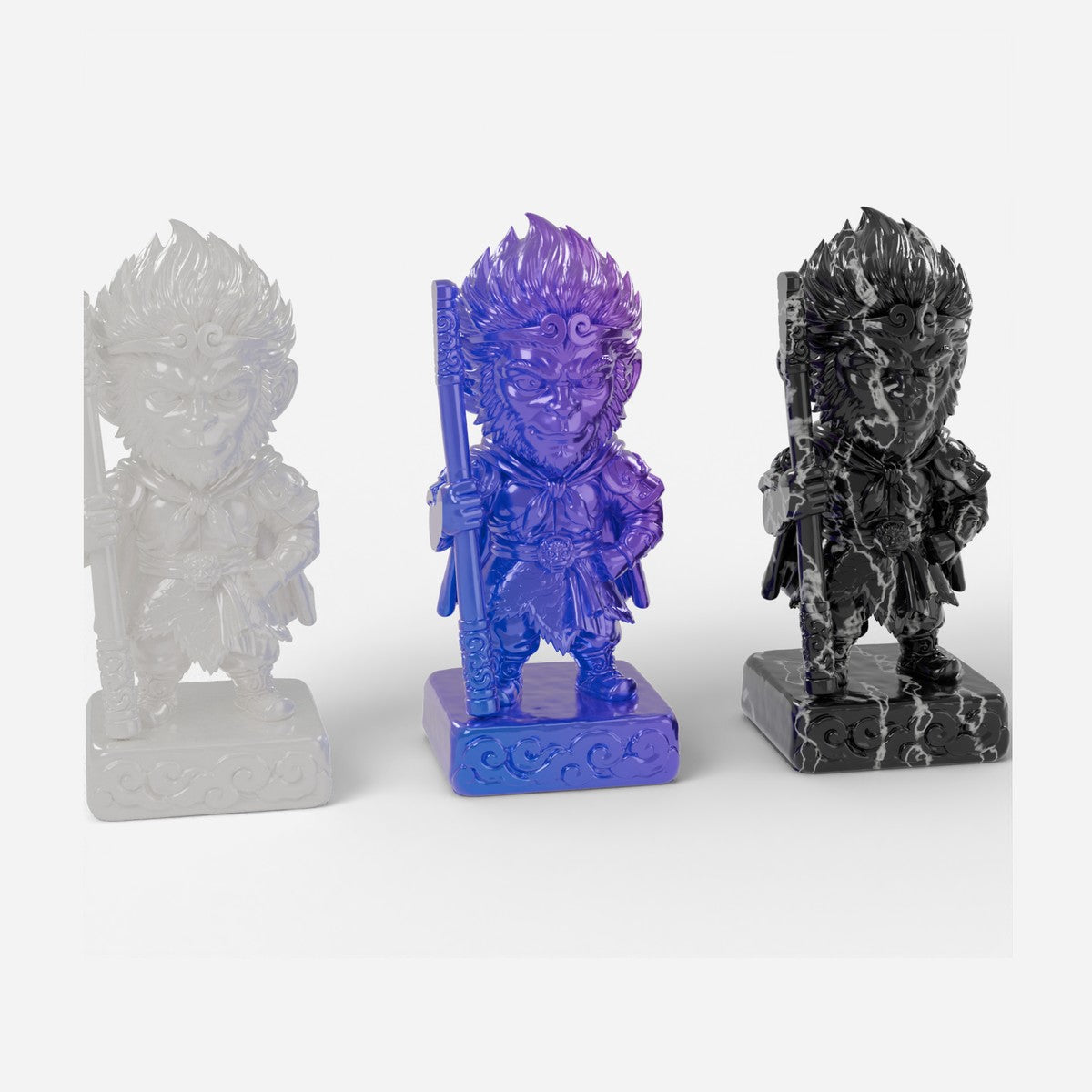 Wukong in all three colours: pearl white, colour-shift blue-purple and black marble